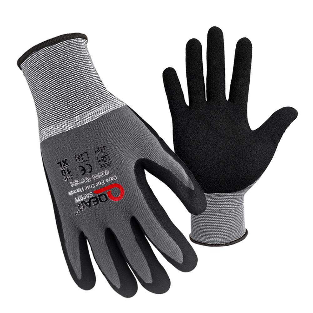 Dexterous QearSafety 15-gauge touchscreen-compatible safety gloves with sandy nitrile grip for wet and oily applications.