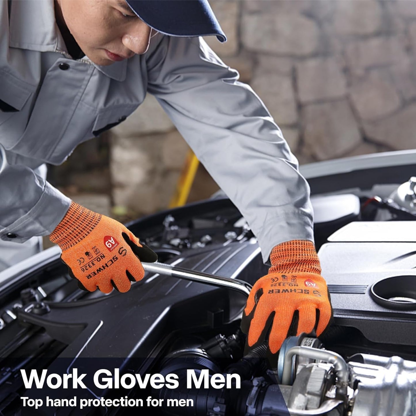 Worker wearing black and grey cut-resistant gloves while fixing engine components, emphasizing dexterity and durability on the job. Working on a car