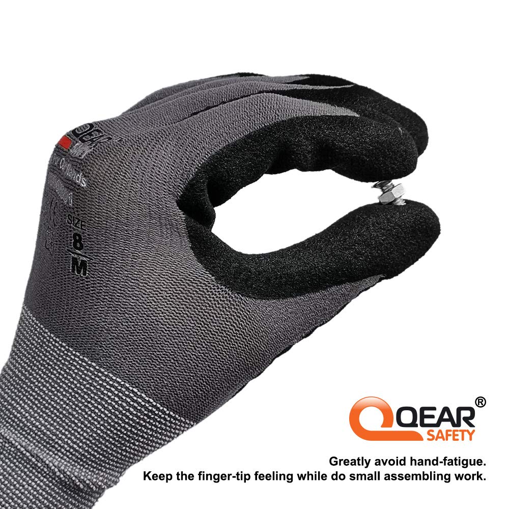 Dexterous QearSafety 15-gauge touchscreen-compatible safety gloves with sandy nitrile grip for wet and oily applications.