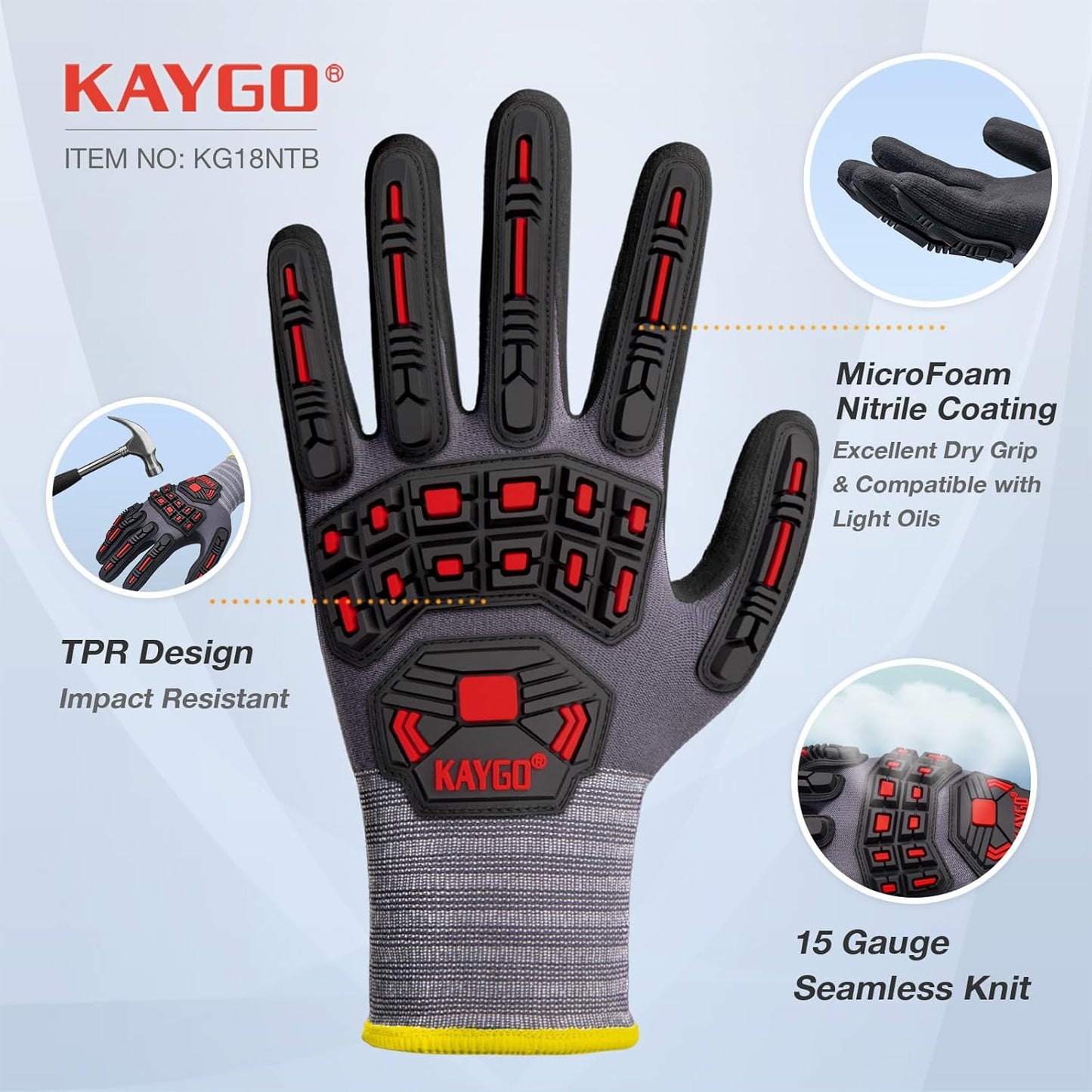 Front and back view of grey and black work gloves with microfoam nitrile coating, displayed side by side on a white background