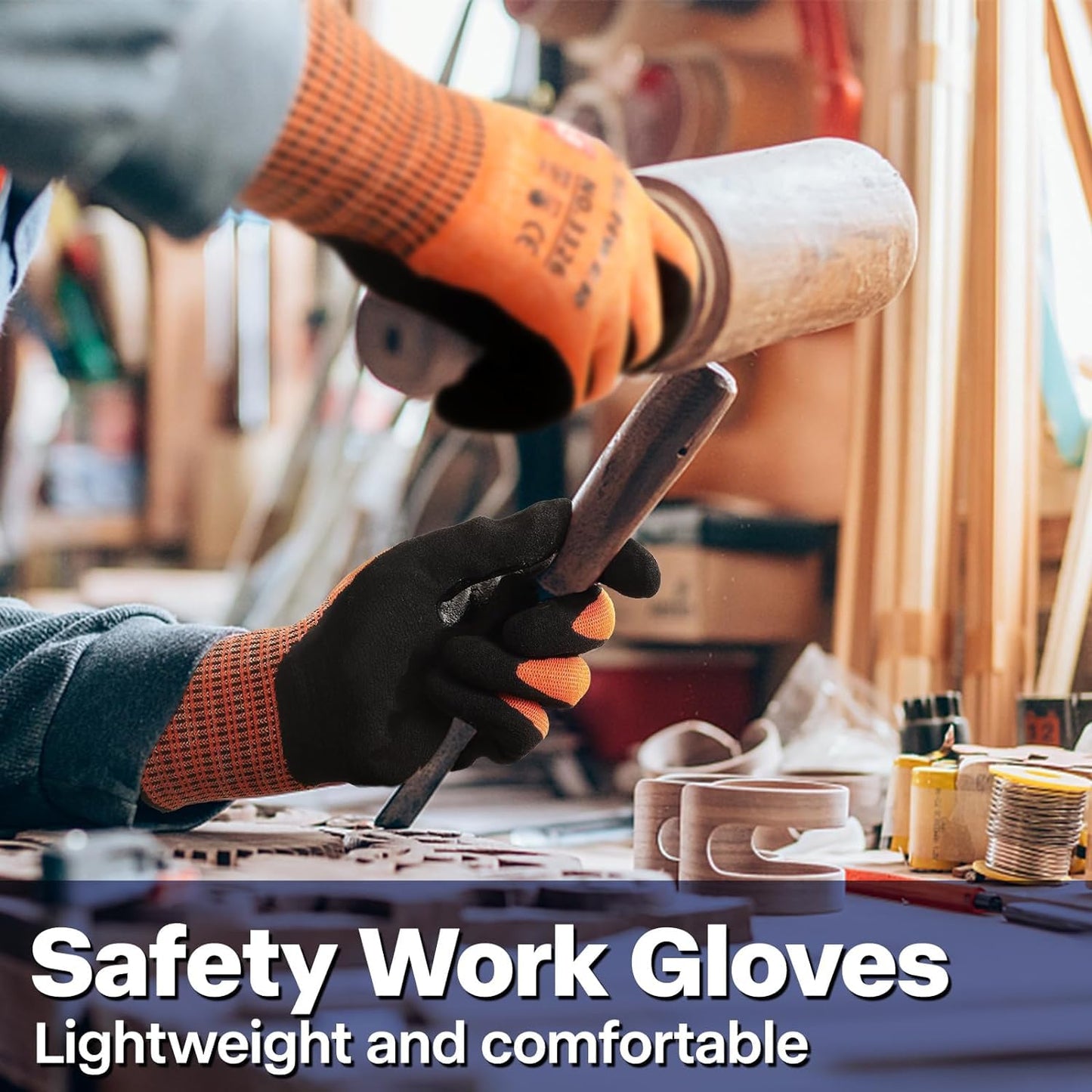 Worker wearing black and grey cut-resistant gloves while fixing engine components, emphasizing dexterity and durability on the job. using a chisel and hammer