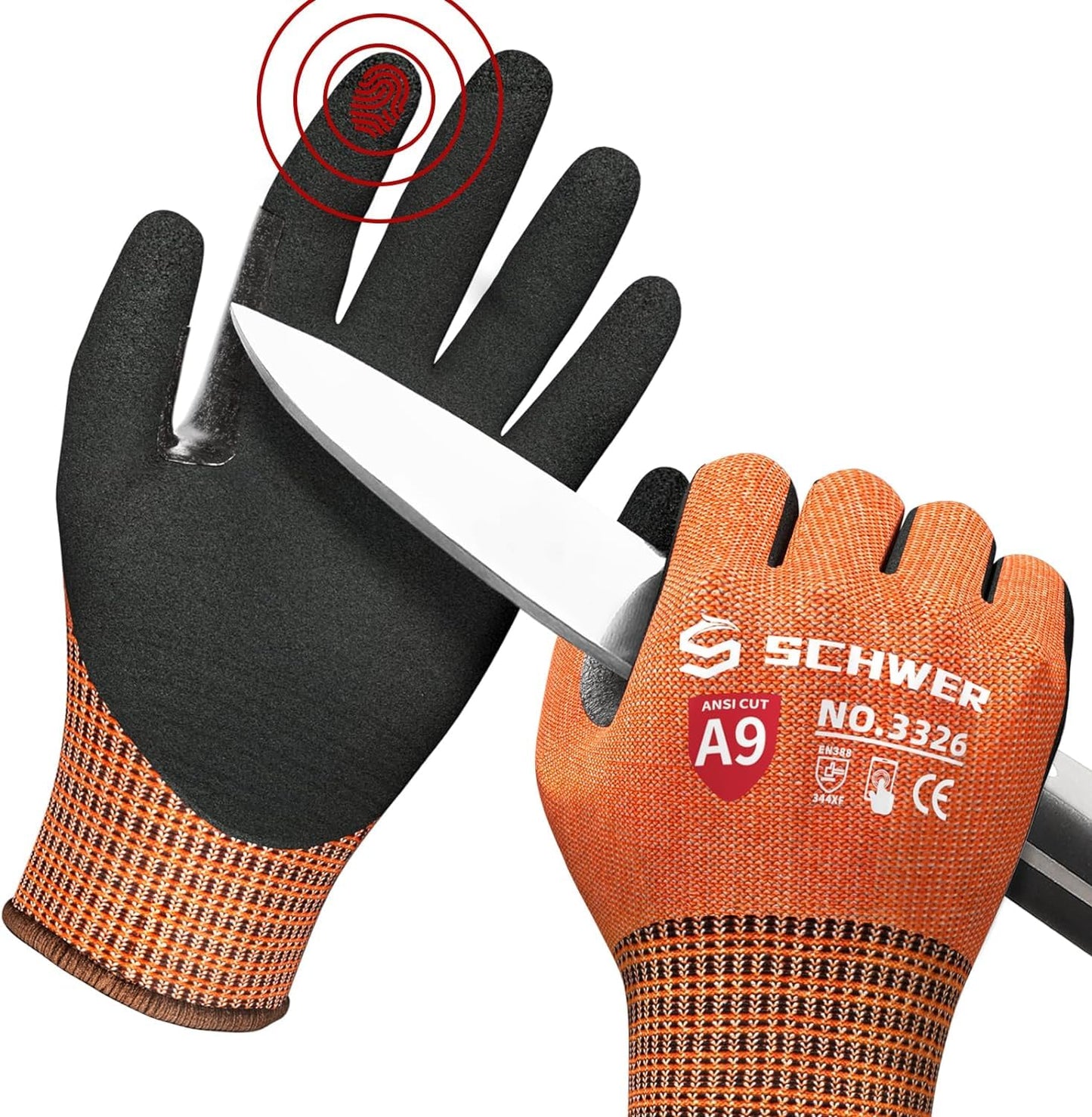 Pair of orange cut-resistant gloves with black textured palm and reinforced thumb, holding a sharp knife to demonstrate ANSI A9 protection