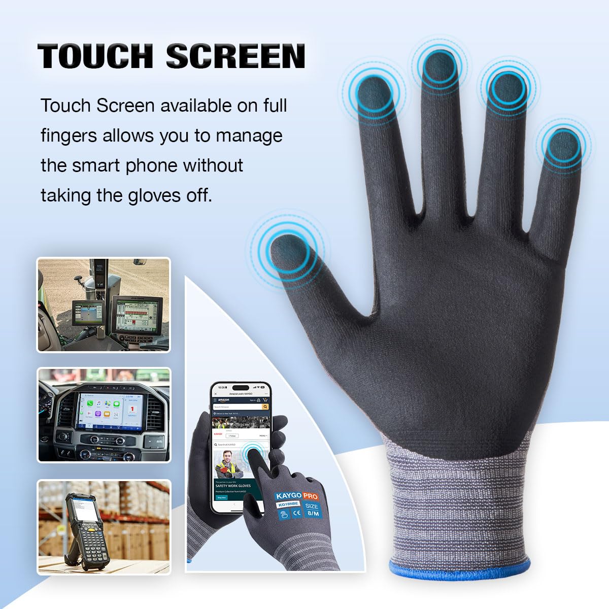 Black nitrile-coated work glove highlighting oil-resistant grip, breathable microfoam, touchscreen fingertips for trade professionals