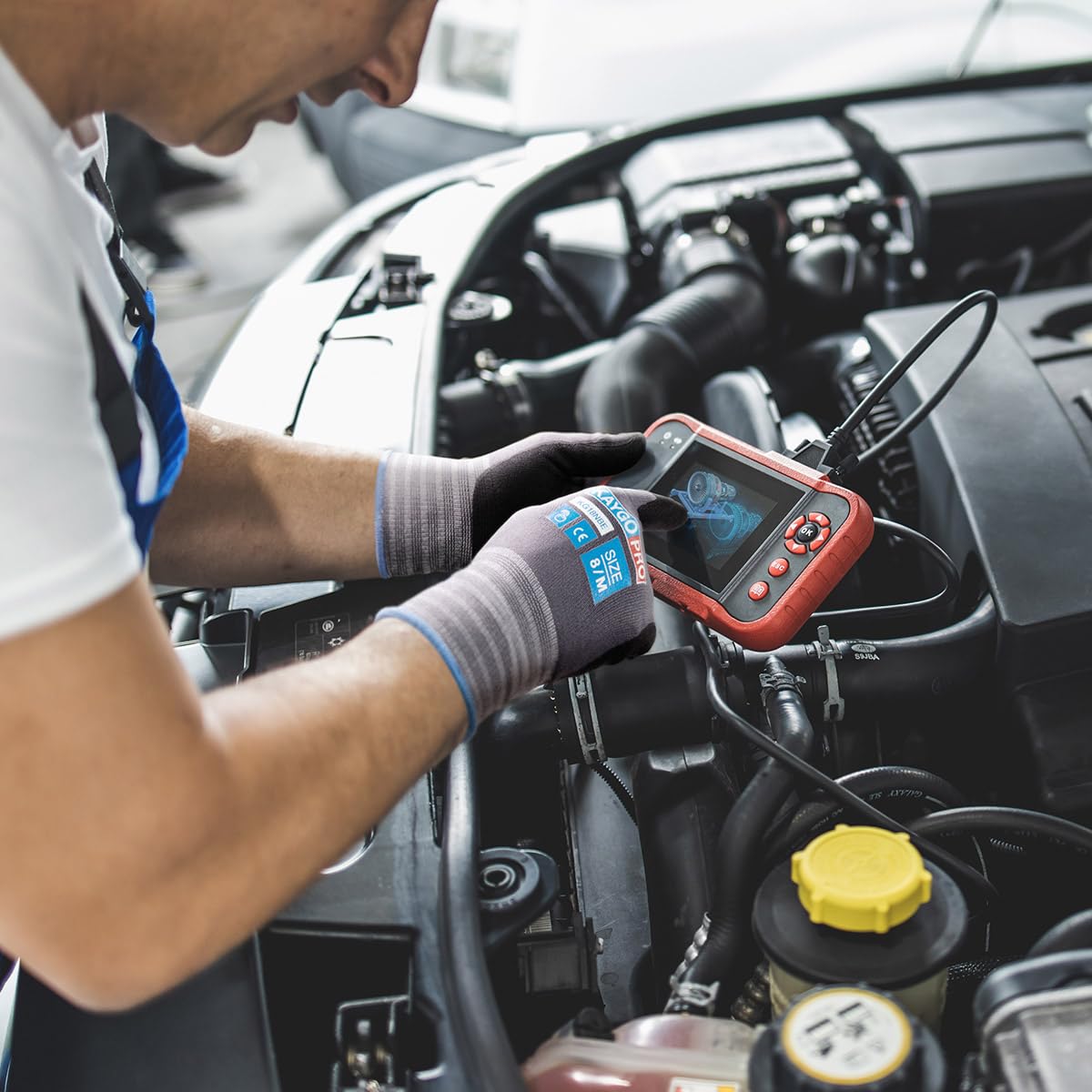 air of black nitrile work gloves back‑view, low‑lint breathable nylon liner, suitable for mechanic, construction, and warehouse use