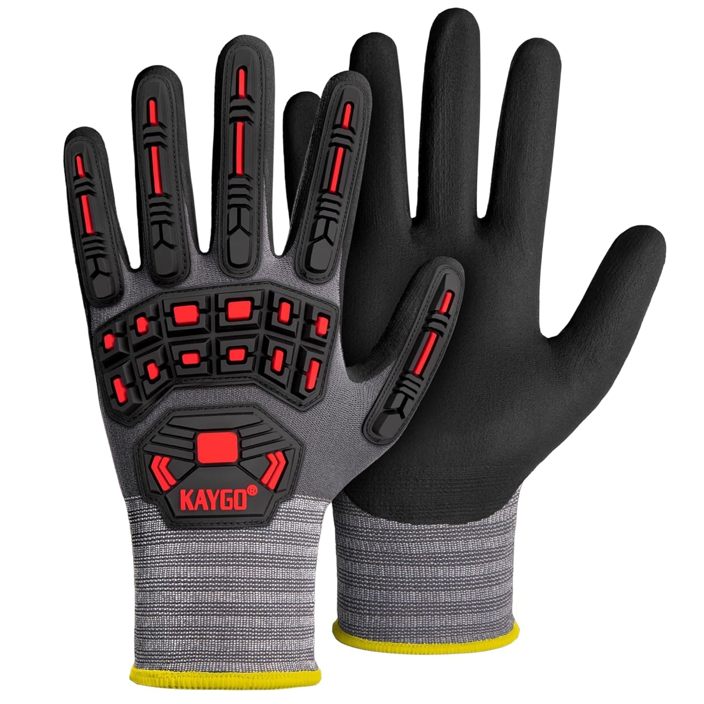 Pair of black and grey safety work gloves with microfoam nitrile coating, shown from palm and back views on a white background. Designed for general industrial use and high dexterity