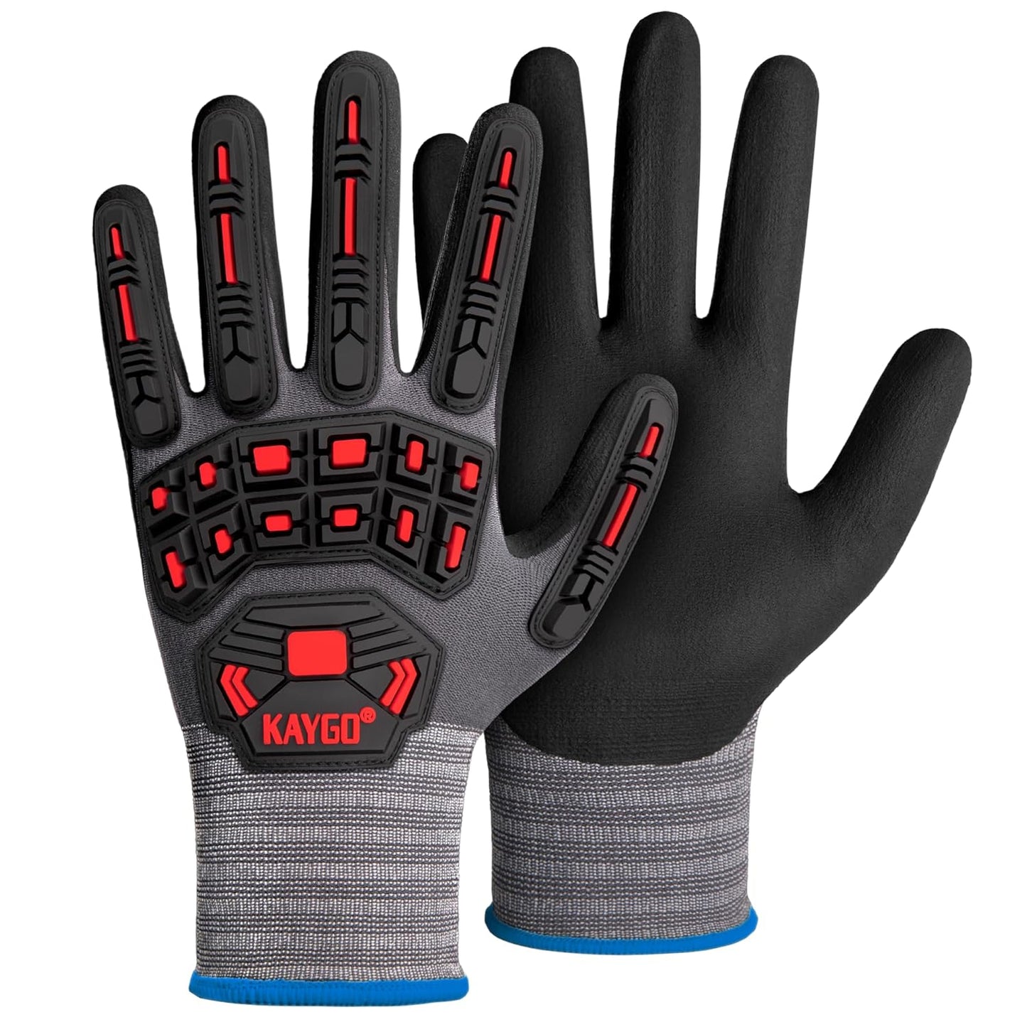 Pair of black and gray gloves with red accents on a white background
