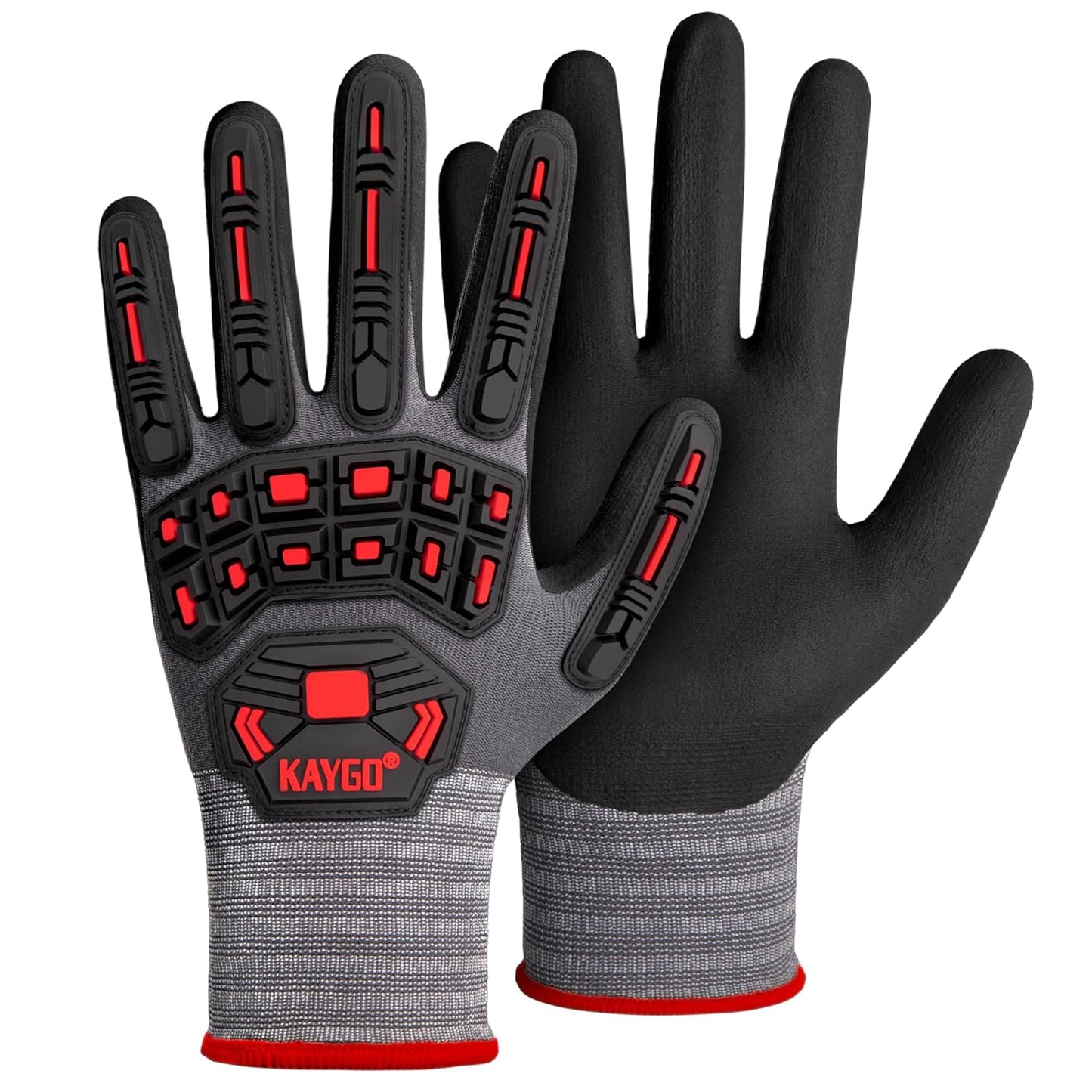 Pair of black and gray gloves with red accents on a white background