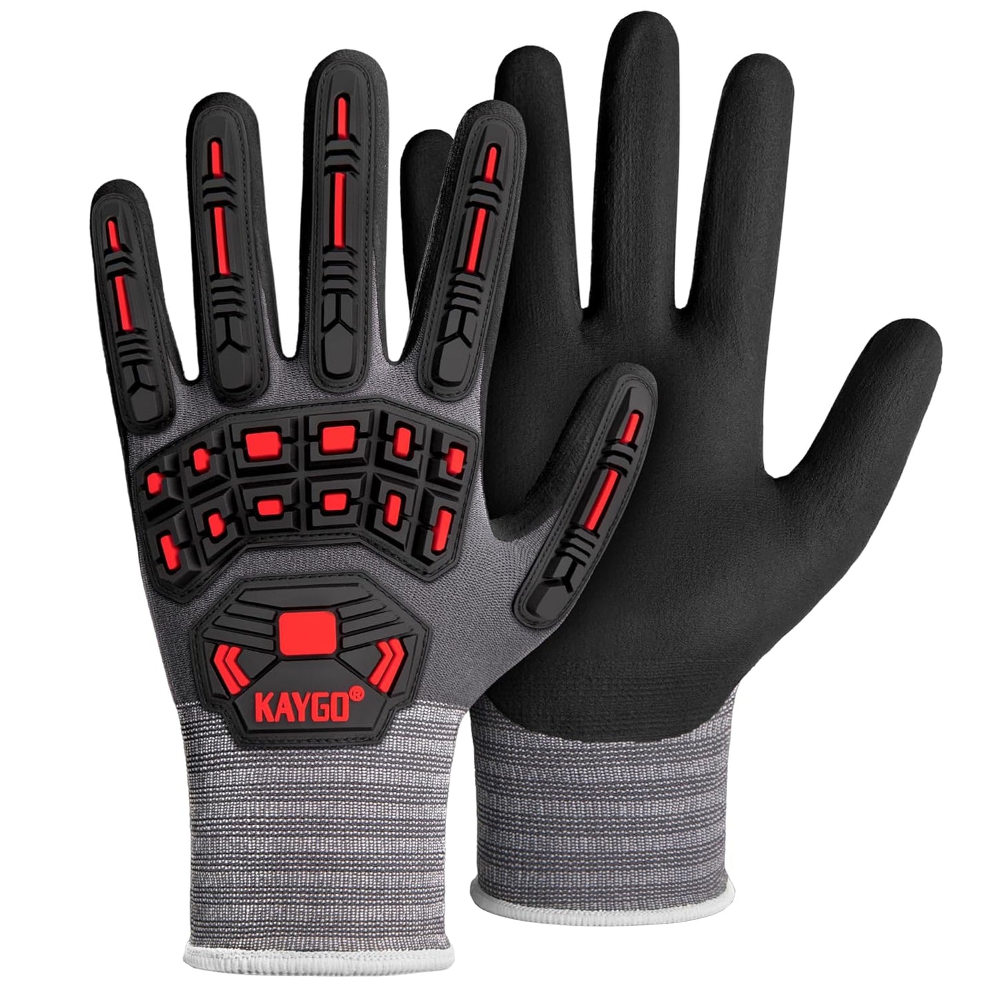 Pair of black and gray gloves with red accents on a white background