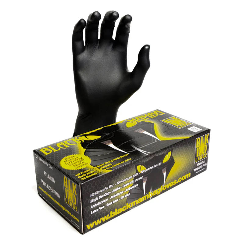 Black nitrile gloves with a box on a white background