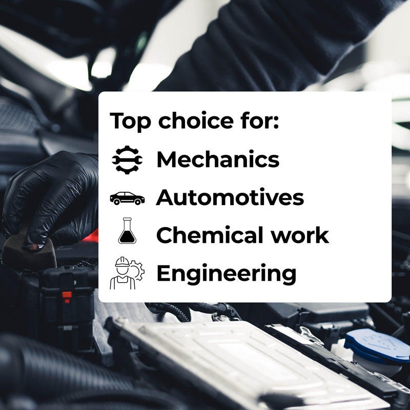 Person working on a car engine with text highlighting top choices for mechanics, automotives, chemical work, and engineering.