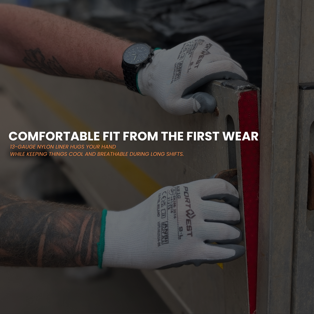 Person wearing white gloves with text about glove comfort and fit