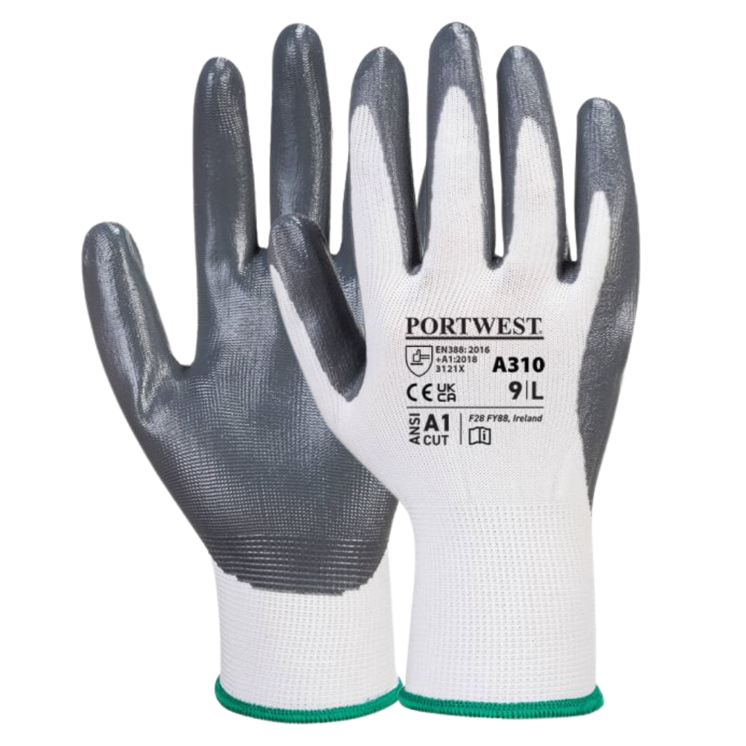 Pair of Portwest gloves with black and white design on a white background