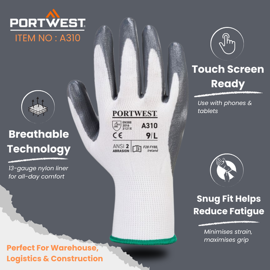 Portwest glove with features highlighted on a gray background