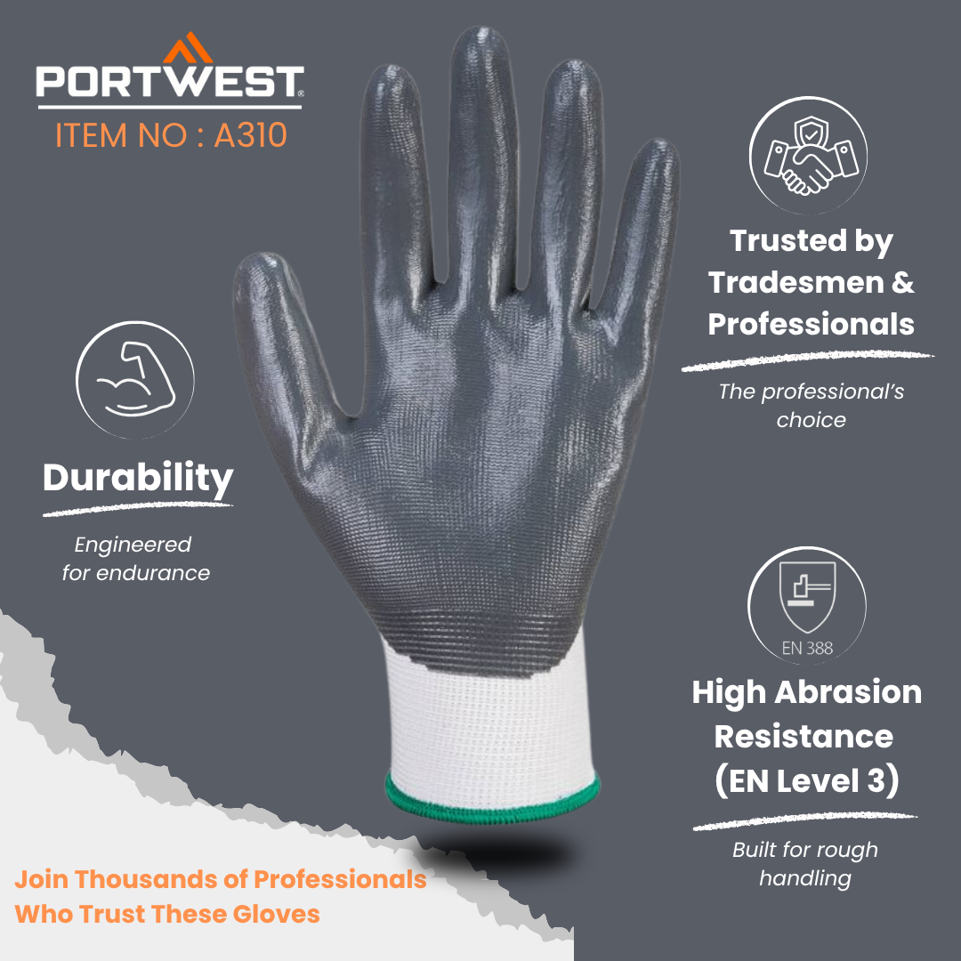 Portwest glove with durability and abrasion resistance features on a gray background