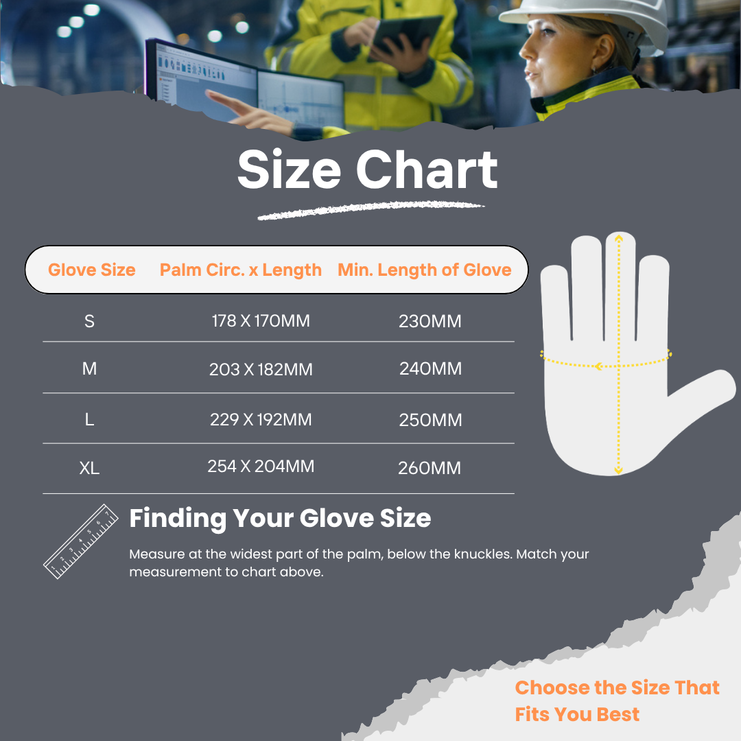 Size chart for gloves with measurement guide and industrial workers in the background