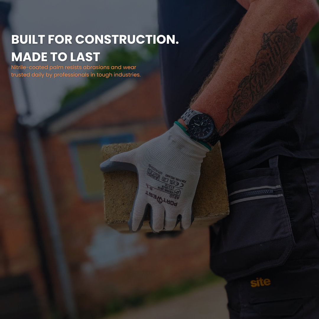 Person wearing a white glove holding a sanding block with text 'Built for construction. Made to last.'