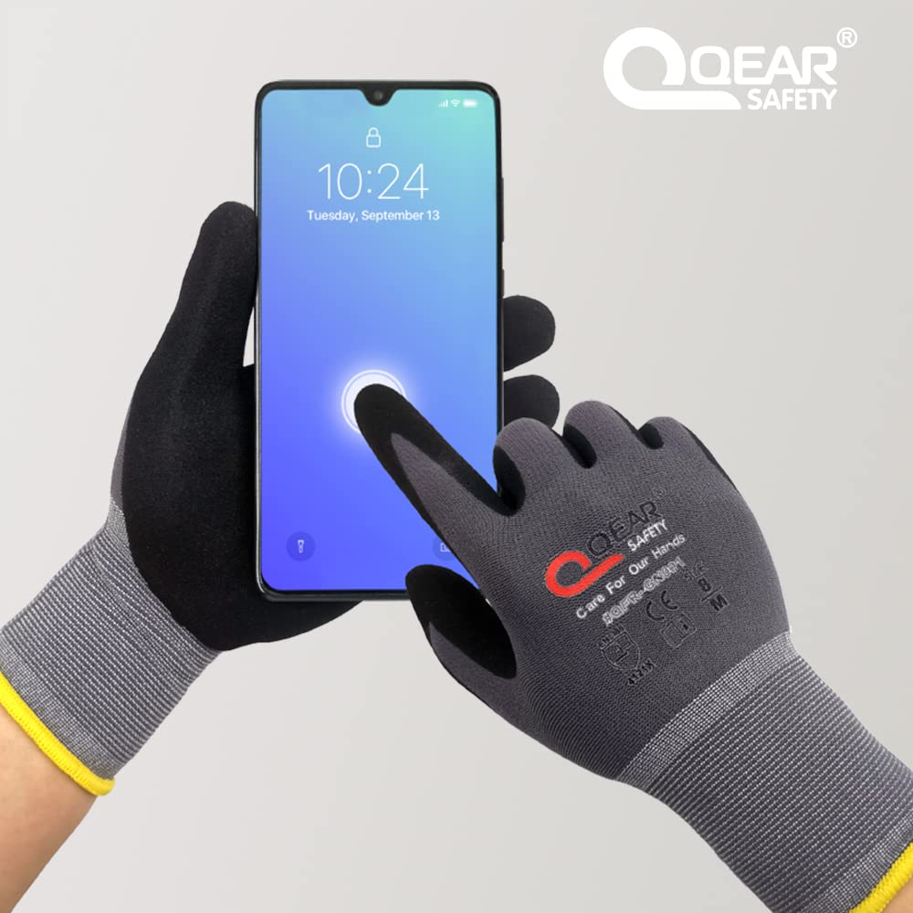 Dexterous QearSafety 15-gauge touchscreen-compatible safety gloves with sandy nitrile grip for wet and oily applications.