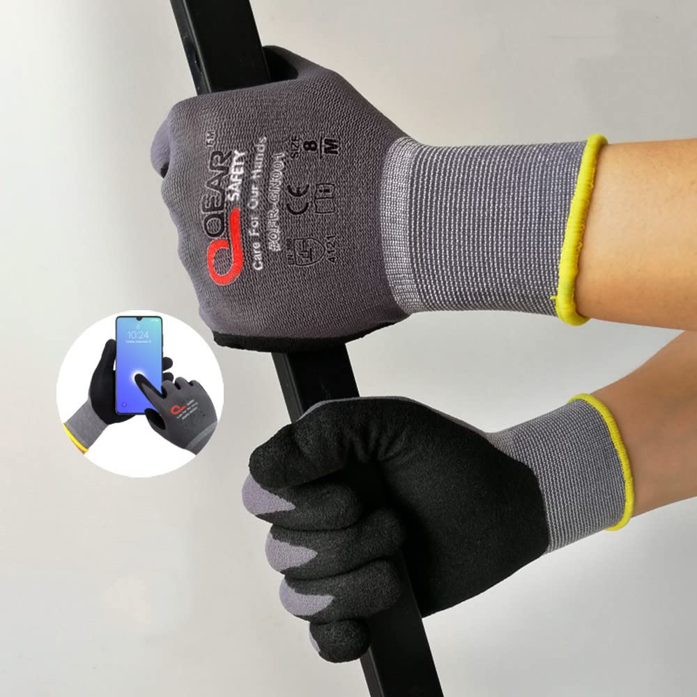 Dexterous QearSafety 15-gauge touchscreen-compatible safety gloves with sandy nitrile grip for wet and oily applications.