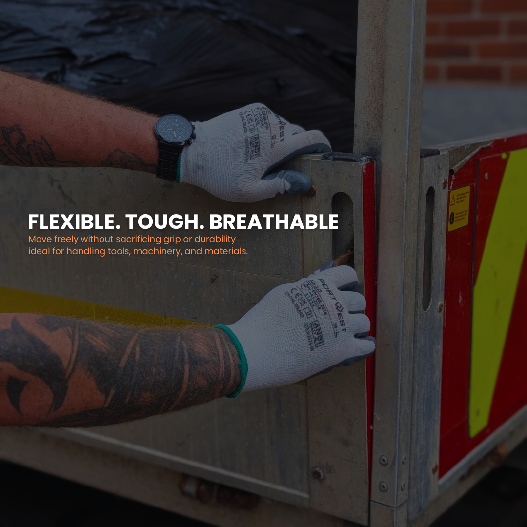 Person wearing gloves handling a box with text about glove features.