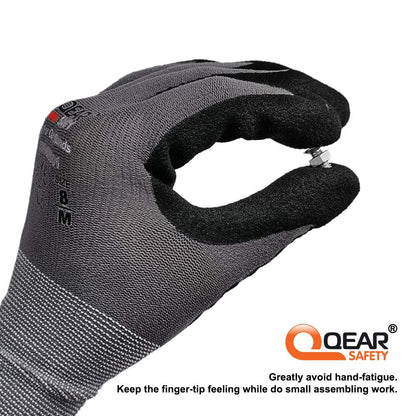 Dexterous QearSafety 15-gauge touchscreen-compatible safety gloves with sandy nitrile grip for wet and oily applications.