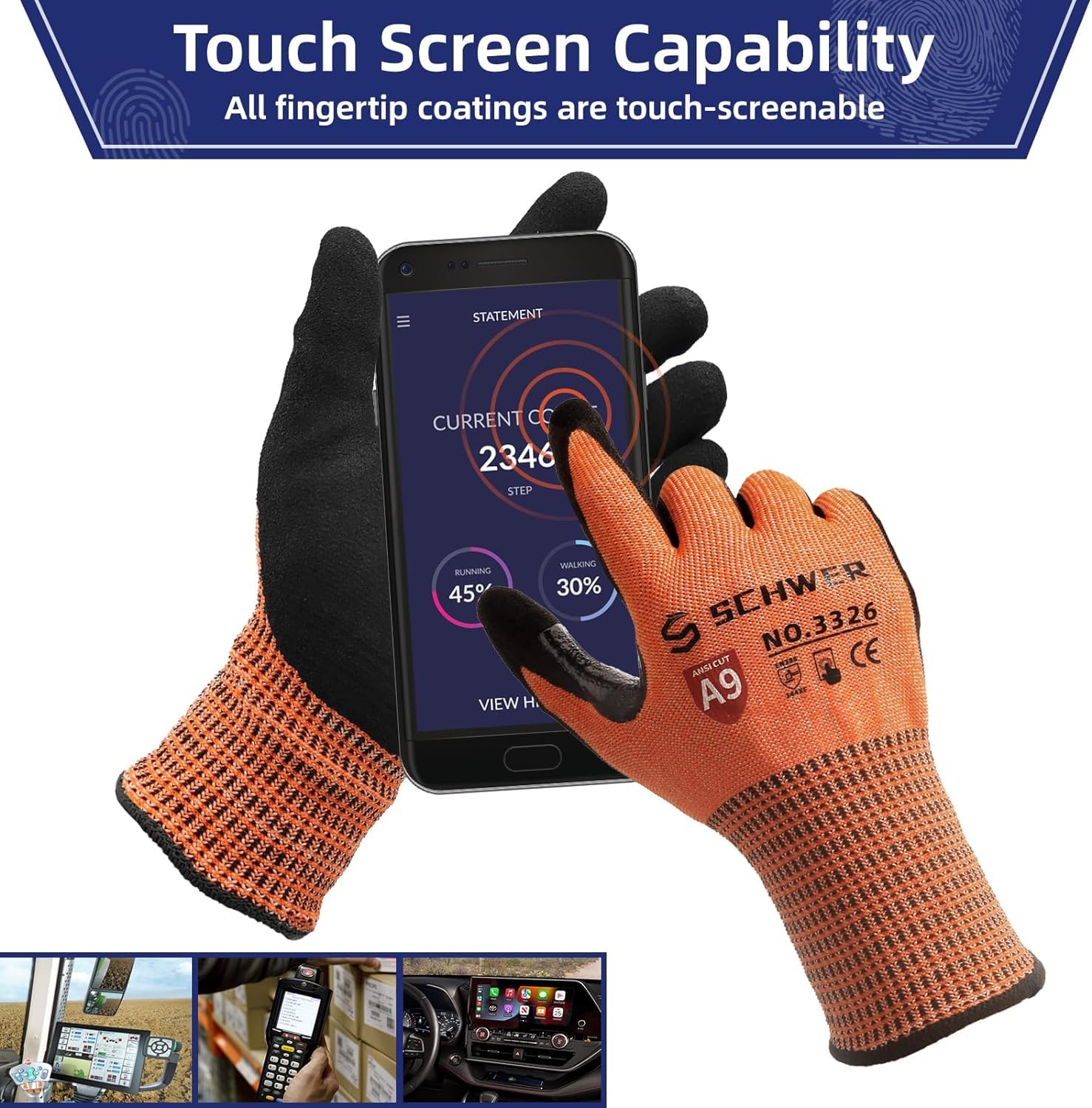 Close-up of orange gloves touching a smartphone screen, highlighting touchscreen-compatible fingertips and cut protection rating icons (Level A9).
