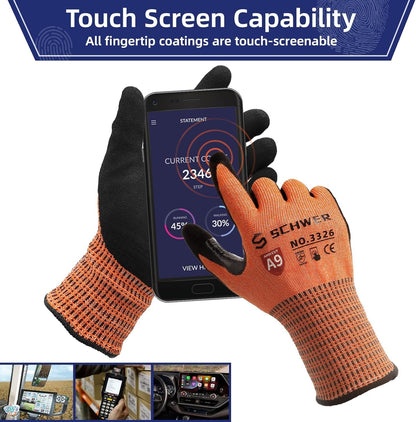 Close-up of orange gloves touching a smartphone screen, highlighting touchscreen-compatible fingertips and cut protection rating icons (Level A9).