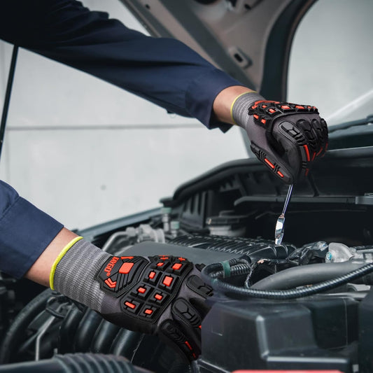 Close-up of gloved hand gripping a wrench, demonstrating strong grip and dexterity while working with tools.