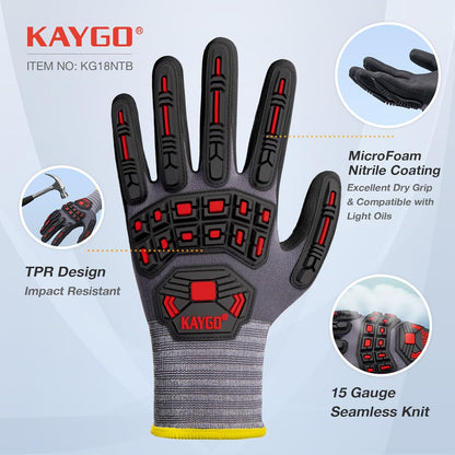 Front and back view of grey and black work gloves with microfoam nitrile coating, displayed side by side on a white background