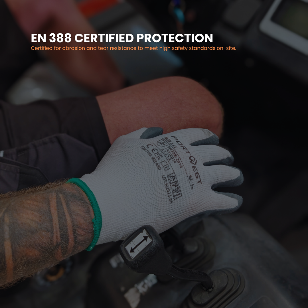 Hand wearing a white work glove with text about EN 388 certification on a blurred background.