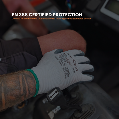 Hand wearing a white work glove with text about EN 388 certification on a blurred background.
