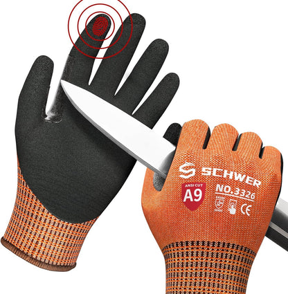 Pair of orange cut-resistant gloves with black textured palm and reinforced thumb, holding a sharp knife to demonstrate ANSI A9 protection