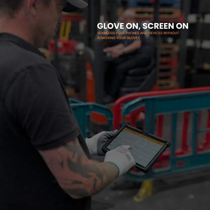 Person using a tablet with gloves on in an industrial setting
