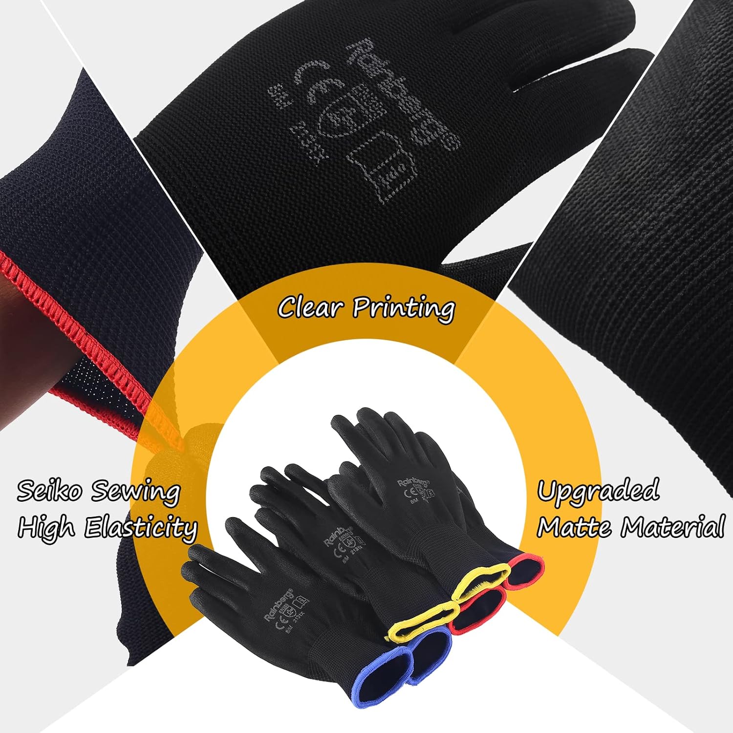 Black safety work gloves close-up detail of PU dots and flexible knit for comfort and dexterity