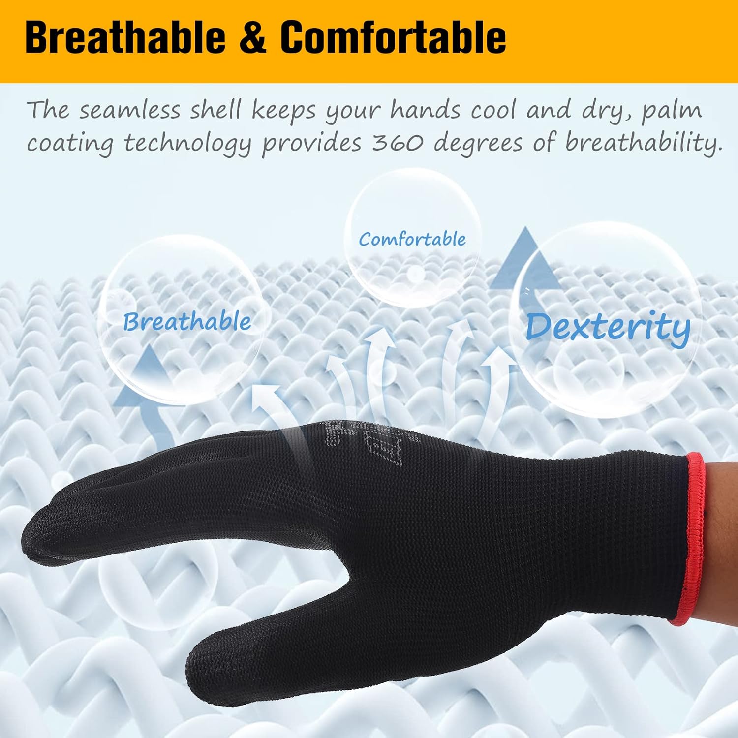 Grey safety work gloves close-up detail of PU dots and flexible knit for comfort and dexterity