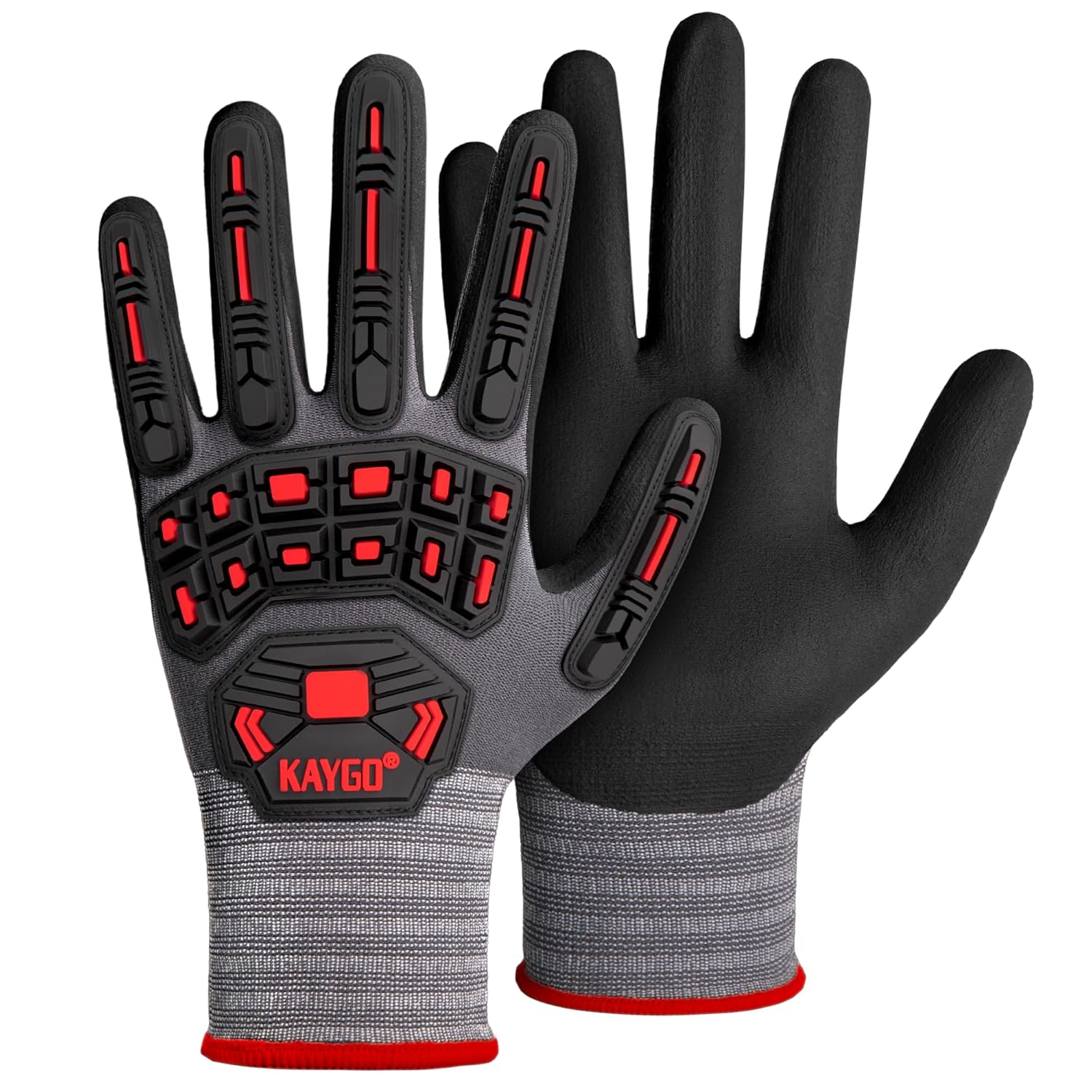Pair of black and gray gloves with red accents on a white background