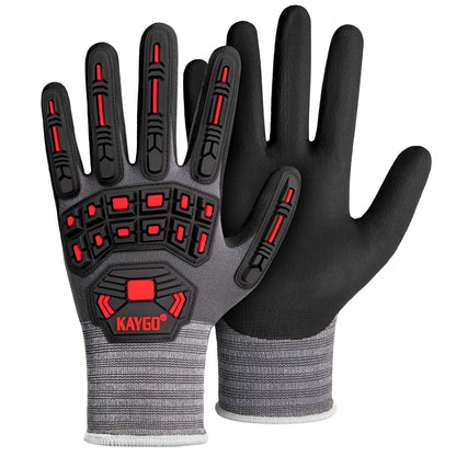 Pair of black and gray gloves with red accents on a white background