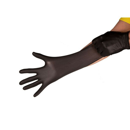 Black gloves being worn on a white background
