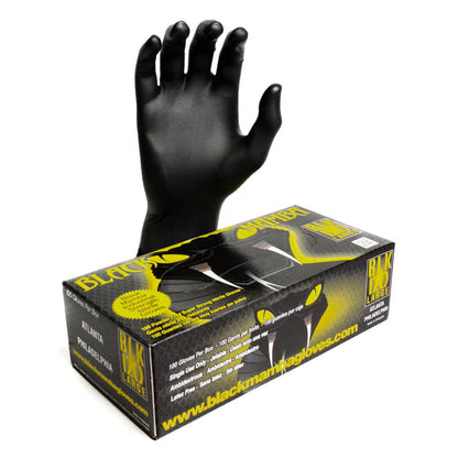 Black nitrile gloves with a box on a white background