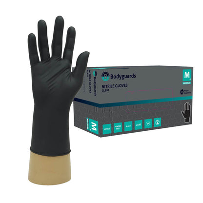 Black nitrile glove with beige cuff next to a box of Bodyguards nitrile gloves on a white background